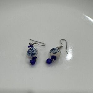 Hand-Painted Blue Floral Porcelain Drop Earrings for Women